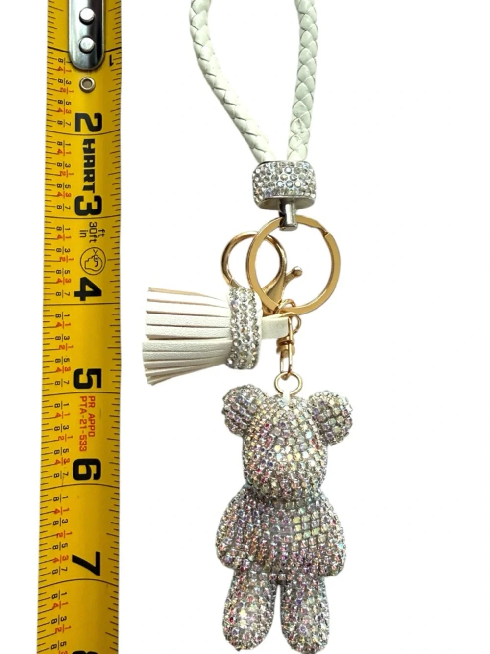 Rhinestone Bear Keychain AB Crystal White Braided Strap Tassel Bag Charm